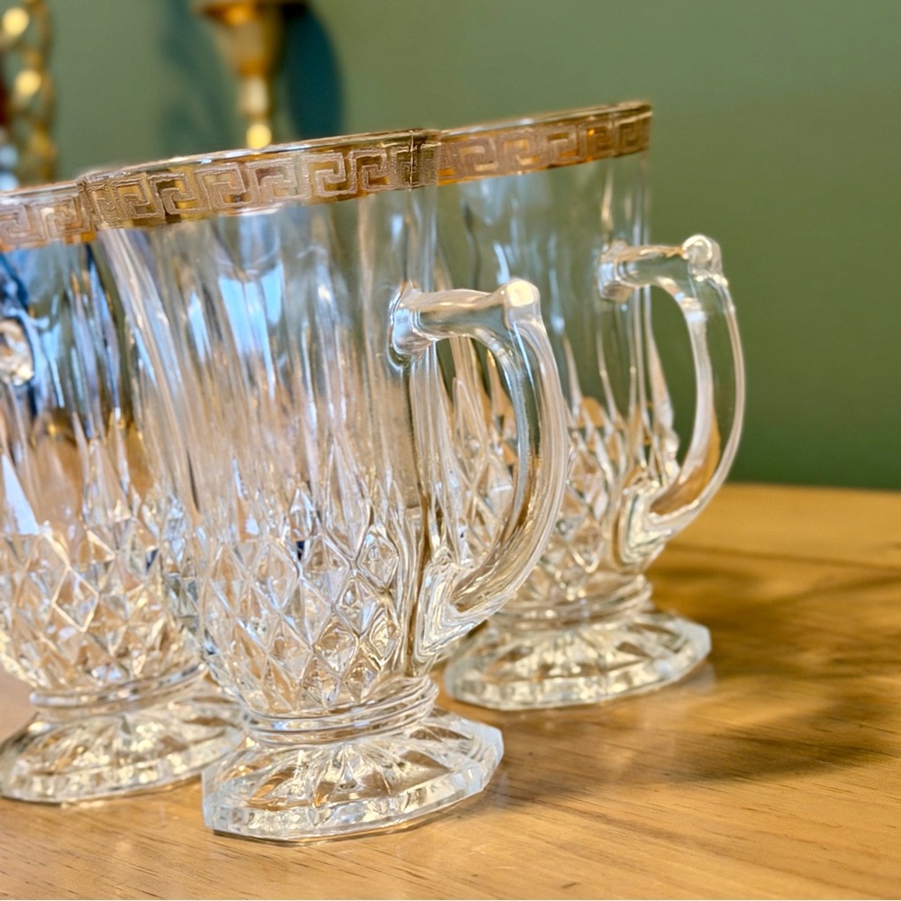 Vintage Astra Gold Cut Crystal Mugs – Gold Greek Key Trim – Set of 4 - Picture 3 of 11